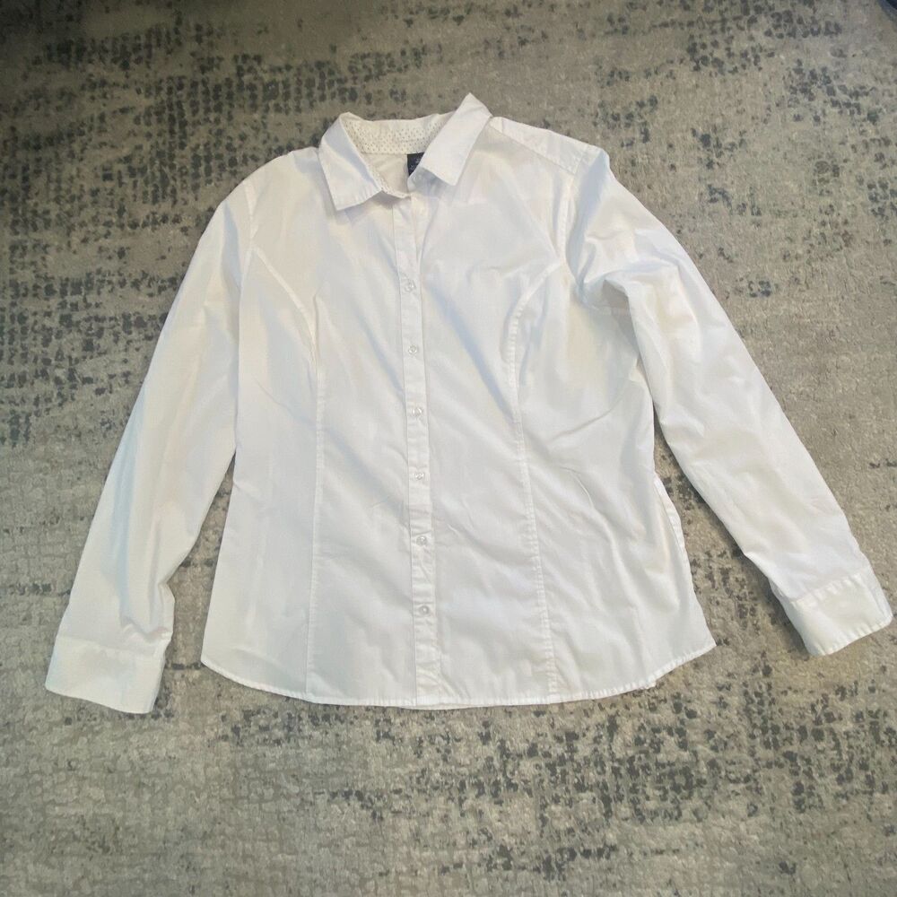 George Women XL Arctic White Cotton Blend Button Down Shirt Long Sleeve Blouse 1